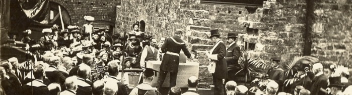 Black and White Photo of laying of Foundation stone of Roger Kay Hall